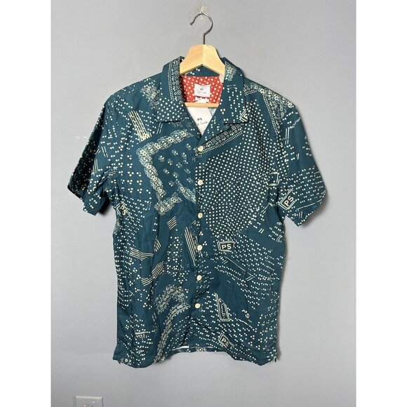 NWT PS PAUL SMITH Mens M Short Sleeve Blue Printed Vacation Button-Down Shirt - Picture 2 of 8